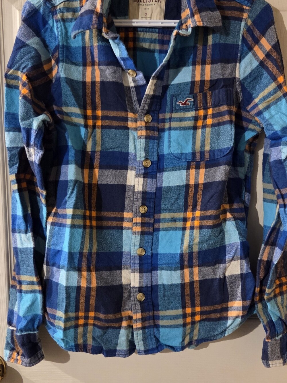 Hollister Blue & Orange Plaid Flannel Shirt